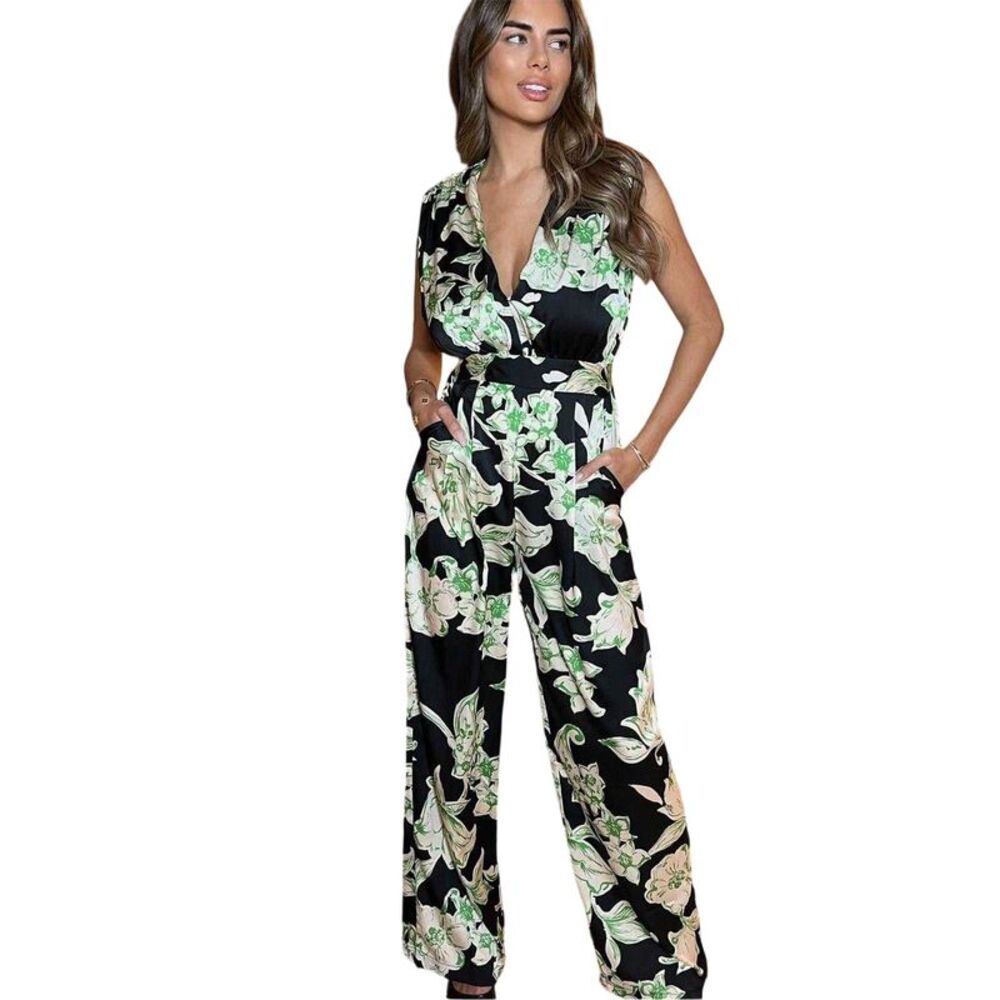 AX Paris Womens/Ladies Floral V Neck Sleeveless Jumpsuit / Black/Green
